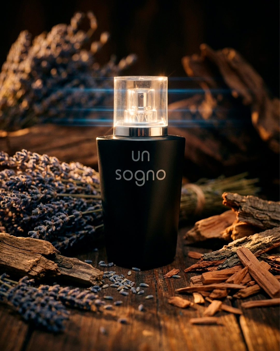 Un Sogno Homme Eau de Parfum for men bottle in a styled display