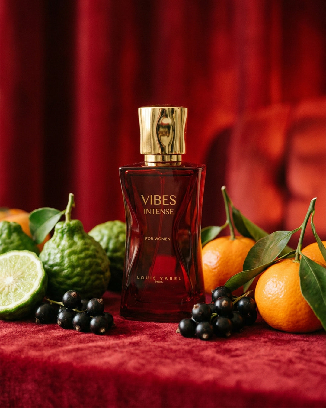 Louis Varel Vibes Intense Eau de Parfum for women bottle in a styled display