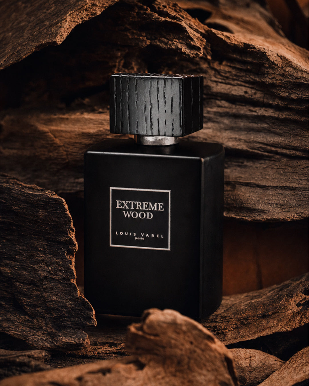Louis Varel Extreme Wood Eau de Parfum unisex bottle in a styled display