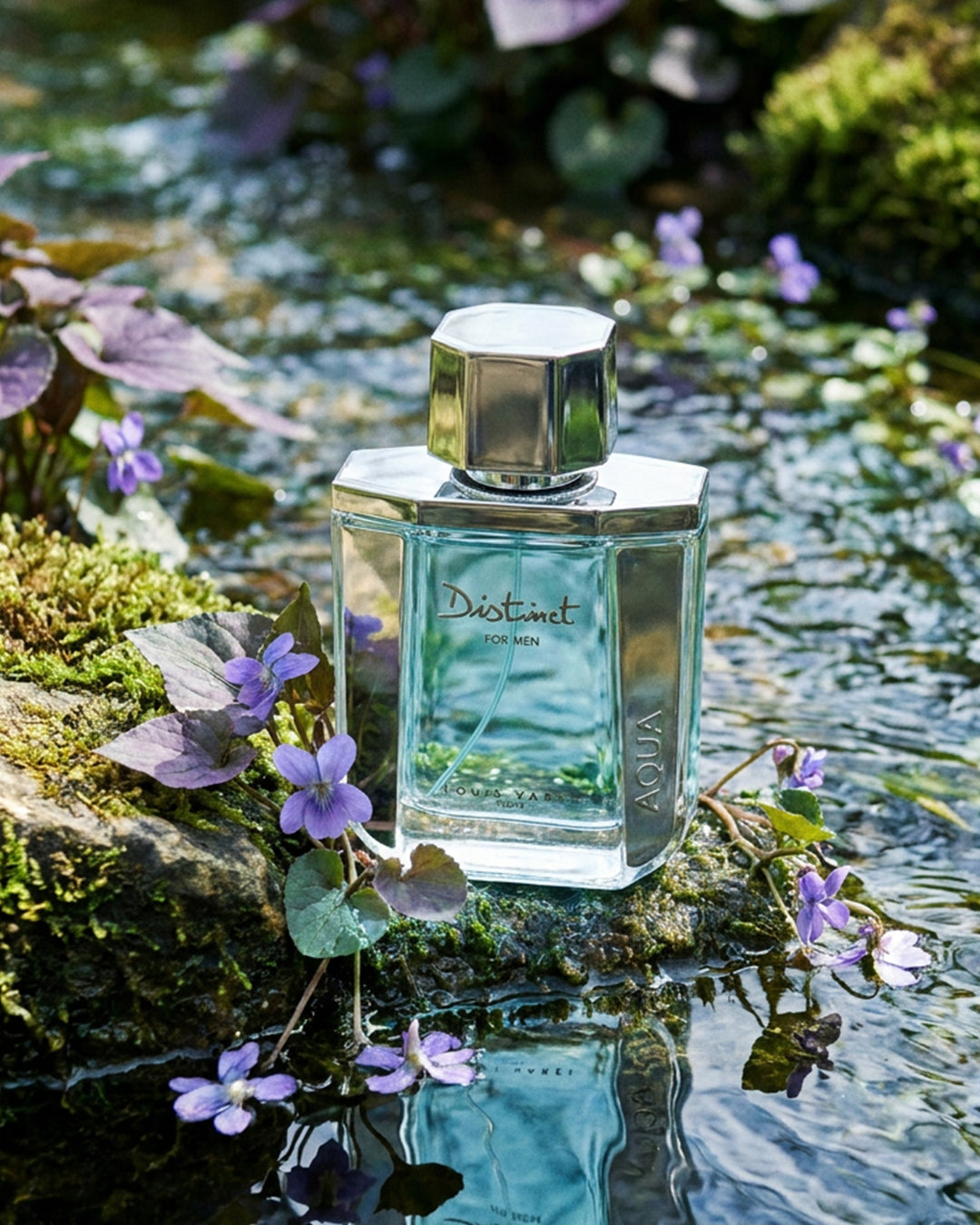 Louis Varel Distinct Aqua Eau de Toilette for men bottle in a styled display