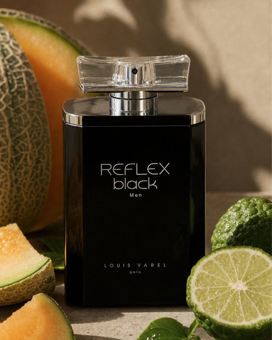 Louis Varel Reflex Black Eau de Toilette for men bottle in a styled display