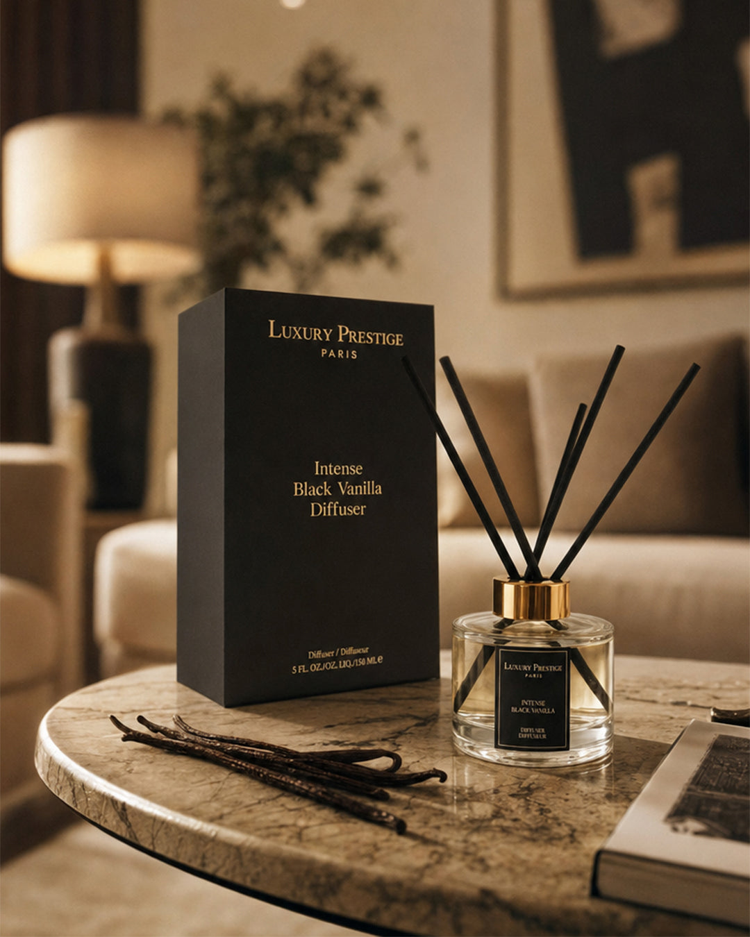 Luxury Prestige Intense Black Vanilla reed diffuser with reeds and retail box in a styled display