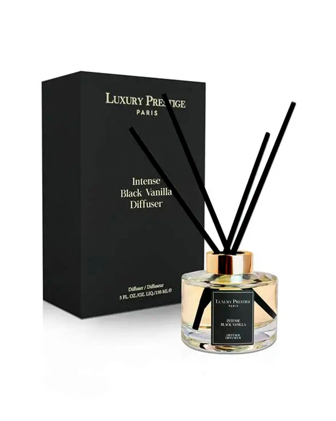 Luxury Prestige Intense Black Vanilla reed diffuser with reeds and black retail box