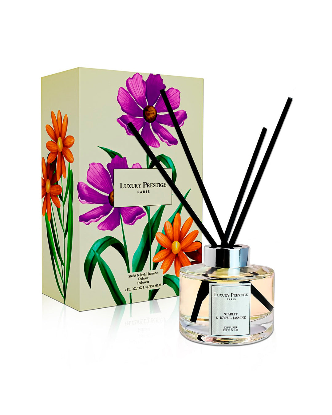 Luxury Prestige Starlit Joyful Jasmine reed diffuser with reeds and floral retail box