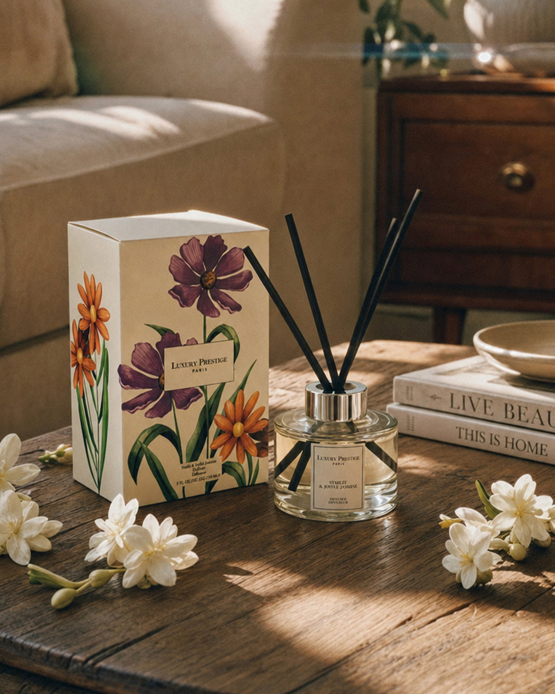 Luxury Prestige Starlit Joyful Jasmine reed diffuser with reeds and retail box in a styled display