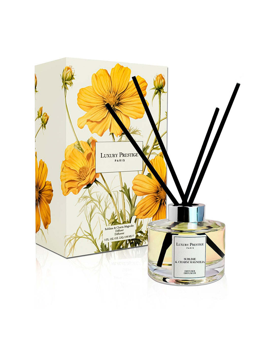 Luxury Prestige Sublime Charm Magnolia reed diffuser with reeds and floral retail box