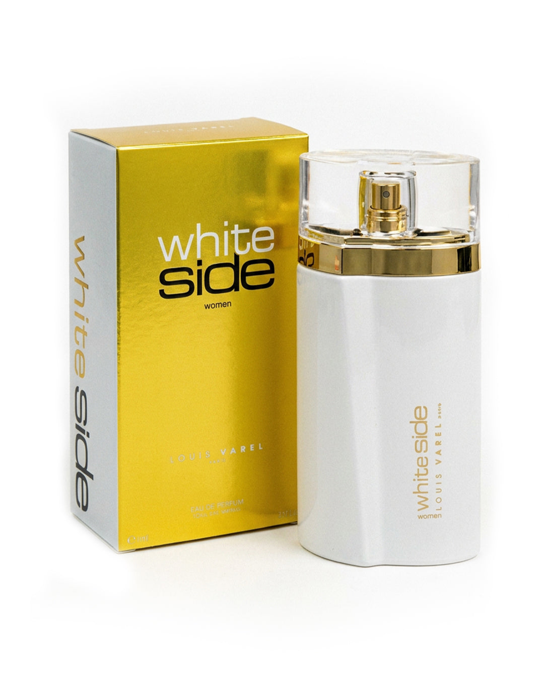 Louis Varel White Side Eau de Parfum for women, white bottle and gold-colored retail box