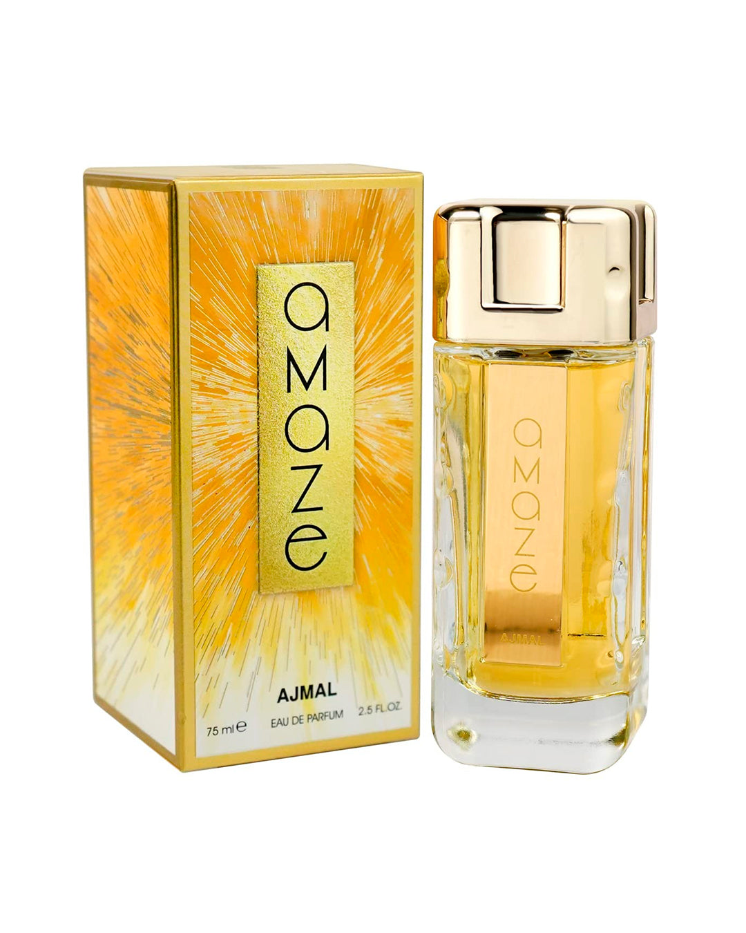 Ajmal Amaze Eau de Parfum for men 75 ml / 2.5 fl oz bottle and yellow retail box