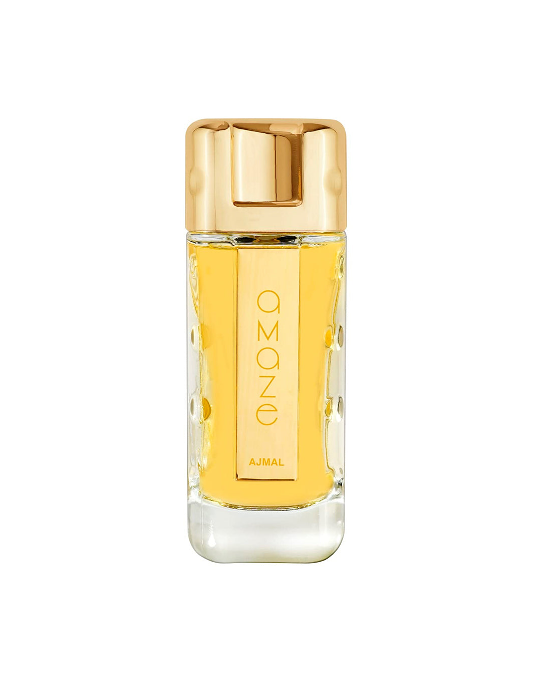 Ajmal Amaze Eau de Parfum for men, bottle with gold-colored cap on a white background