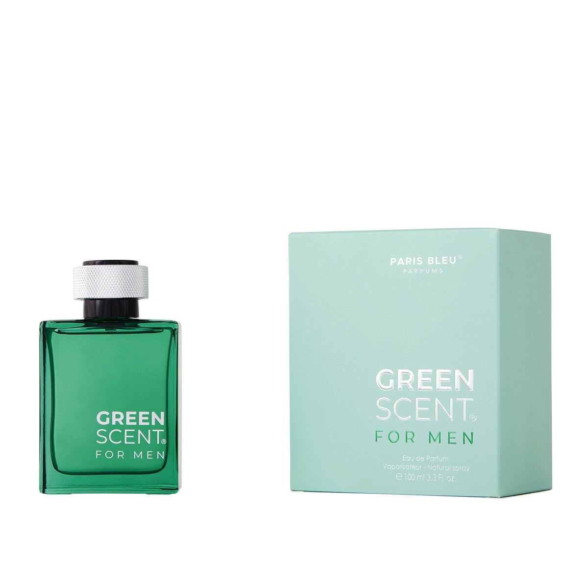 Paris Bleu Green Scent Eau de Parfum 100 ml bottle and box on a white background
