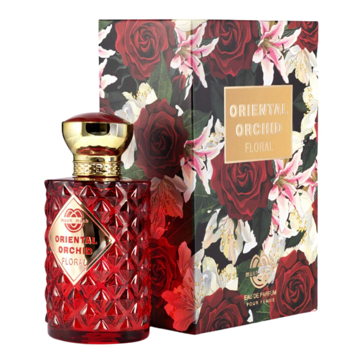 Mush Mush Oriental Orchid Floral Eau de Parfum 100 ml / 3.4 fl oz bottle and box on a white background